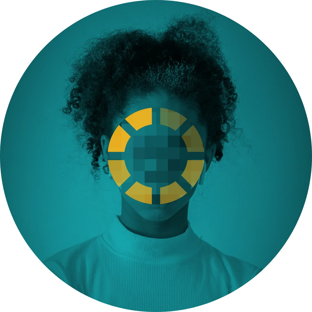 Become a monthly donor today! Person with face obscured by a pixelated circular mask, symbolizing anonymity or privacy.