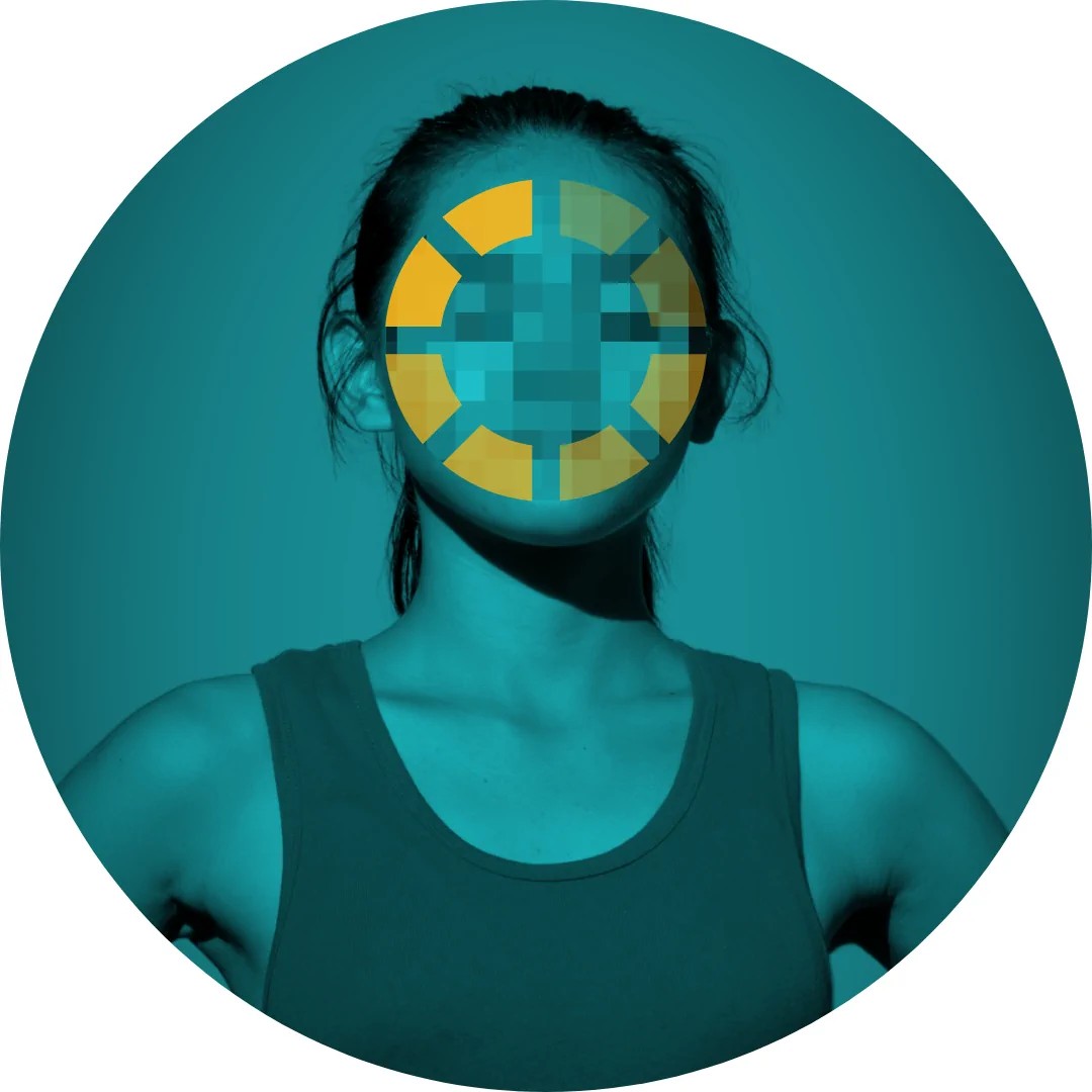 Become a monthly donor today! Person in a sleeveless top with their face replaced by a pixelated circular mosaic, symbolizing digital anonymity.